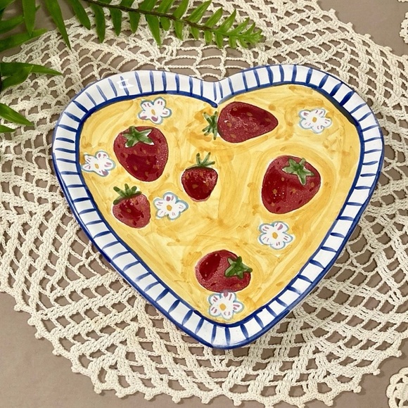Other - Handmade Hungarian Heart Shape Plate With Stripes And Strawberries Signed
